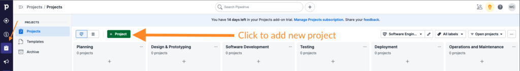 Pipedrive projects board new project button