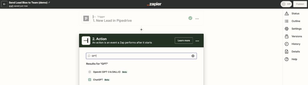 Zapier Connect Chat GPT to Zap Action