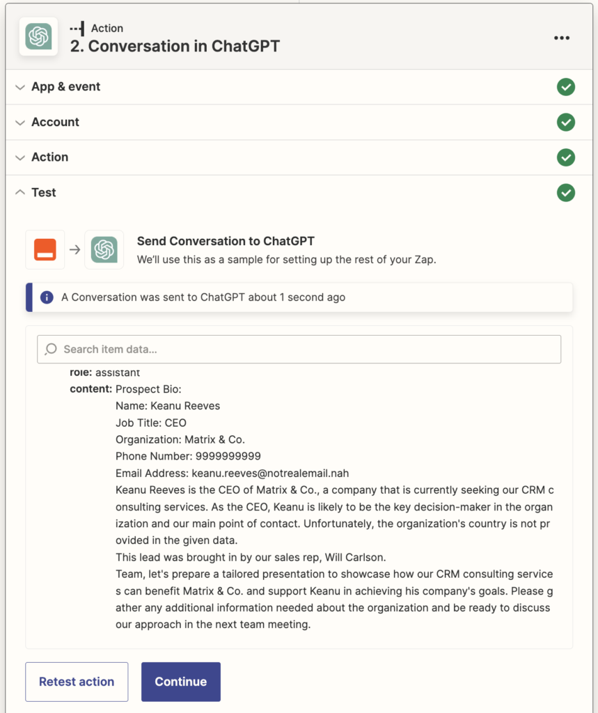 Chat GPT Test Action in Zap