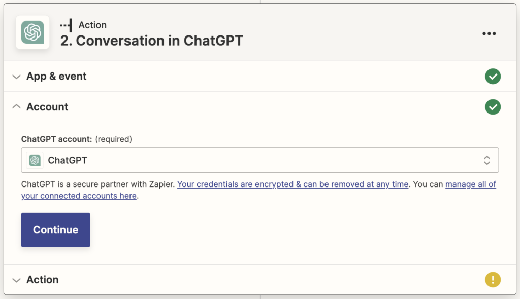 Chat GPT Account Connected to Zap