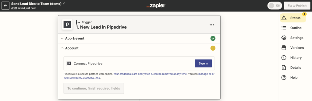 Sign into Pipedrive in Zapier Trigger Stage