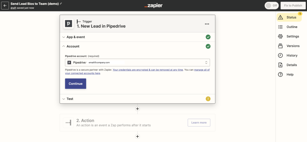 Pipedrive Account Connected Zapier