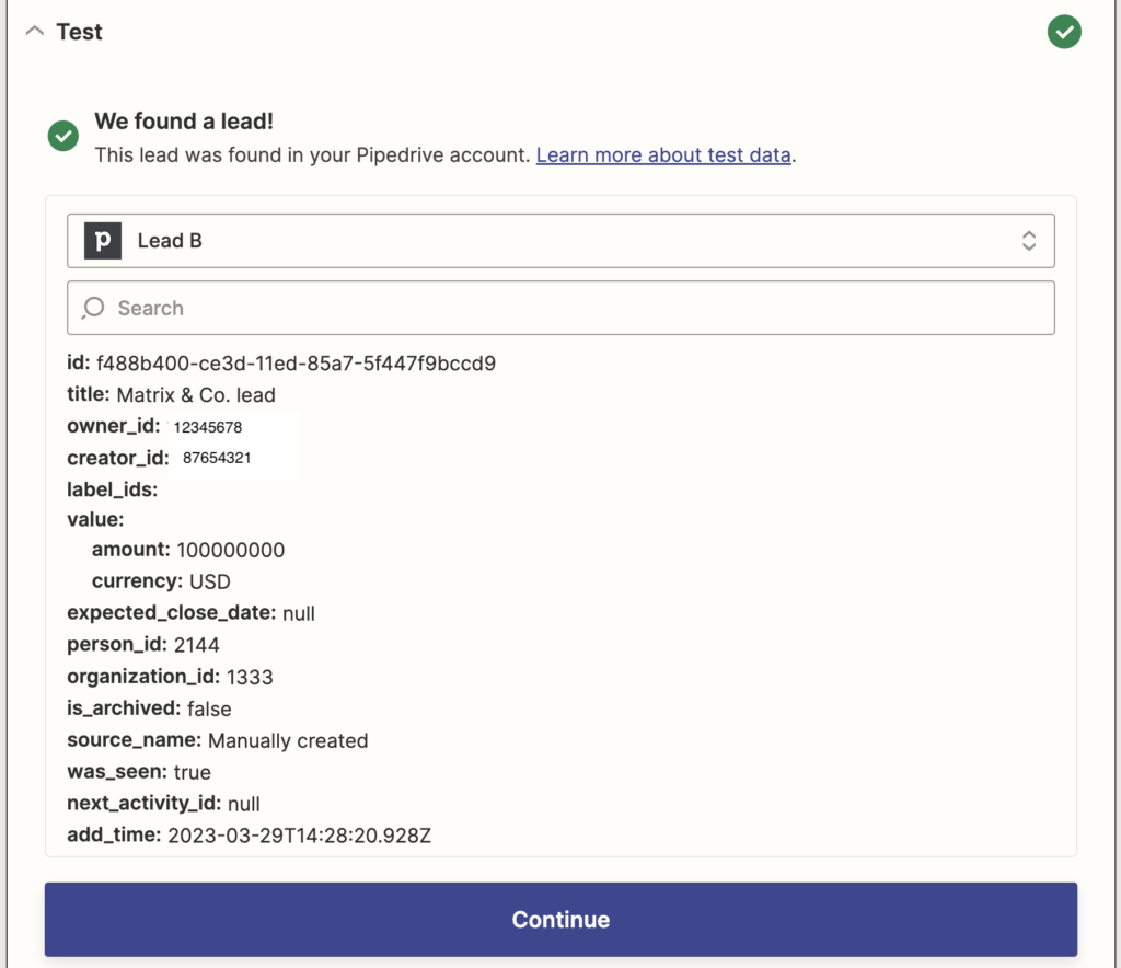 Pipedrive Zapier Trigger test results