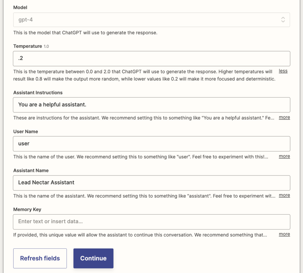 Temperature and other settings in Chat GPT Zapier Integration