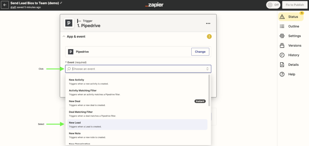 Pipedrive New Lead in Zapier