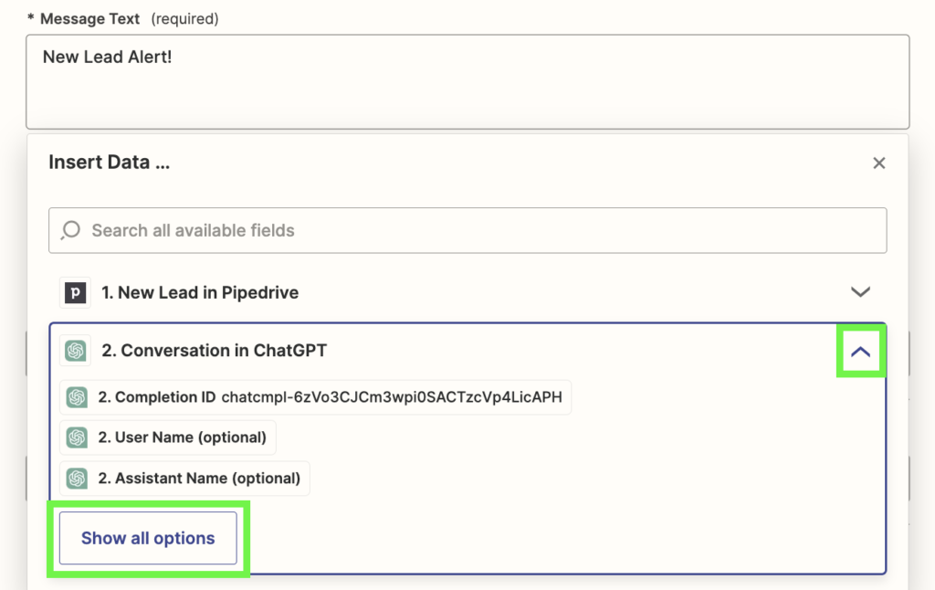 Slack Message Variables in Zap