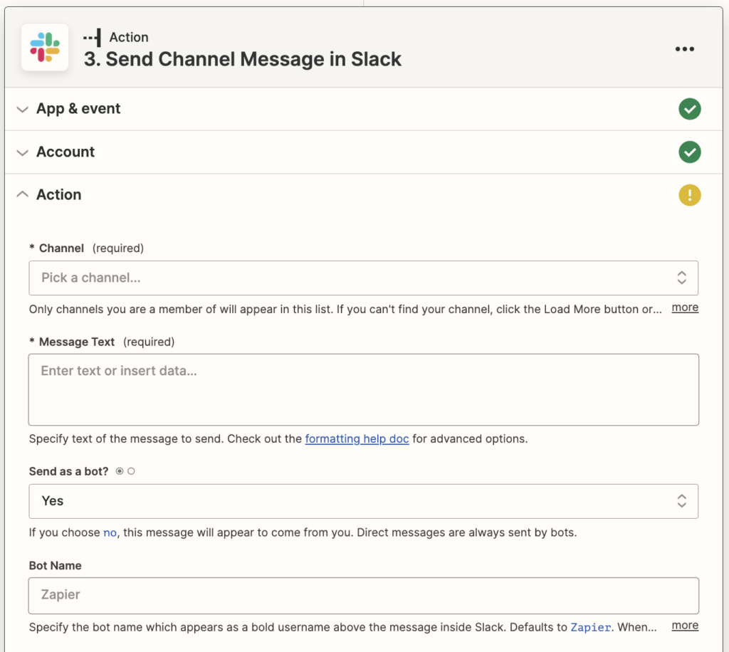 Send channel message in slack settings in Zap