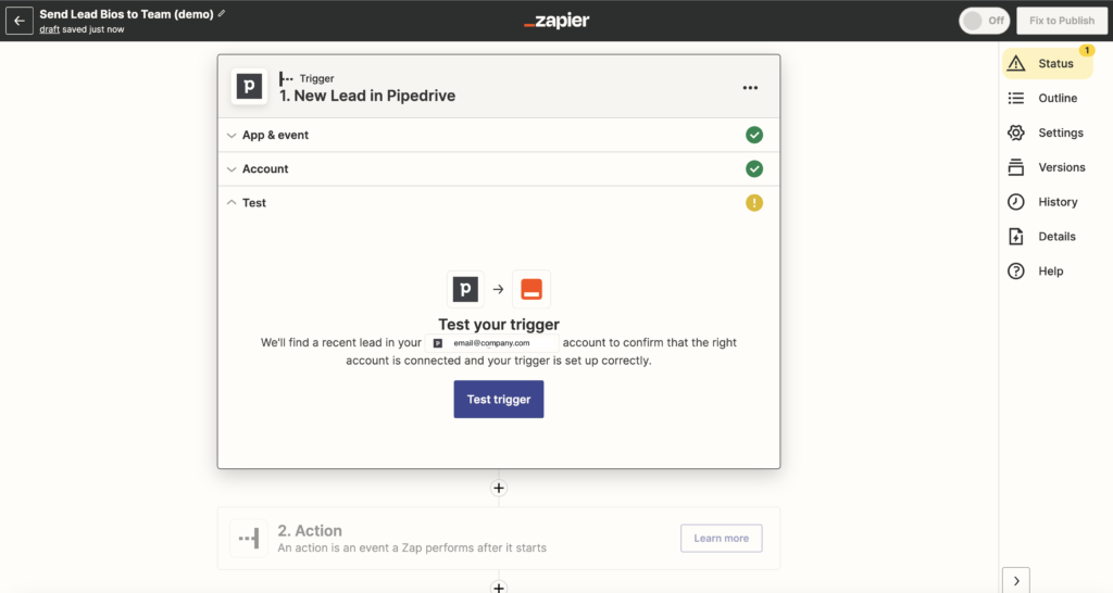 Zapier test Pipedrive trigger